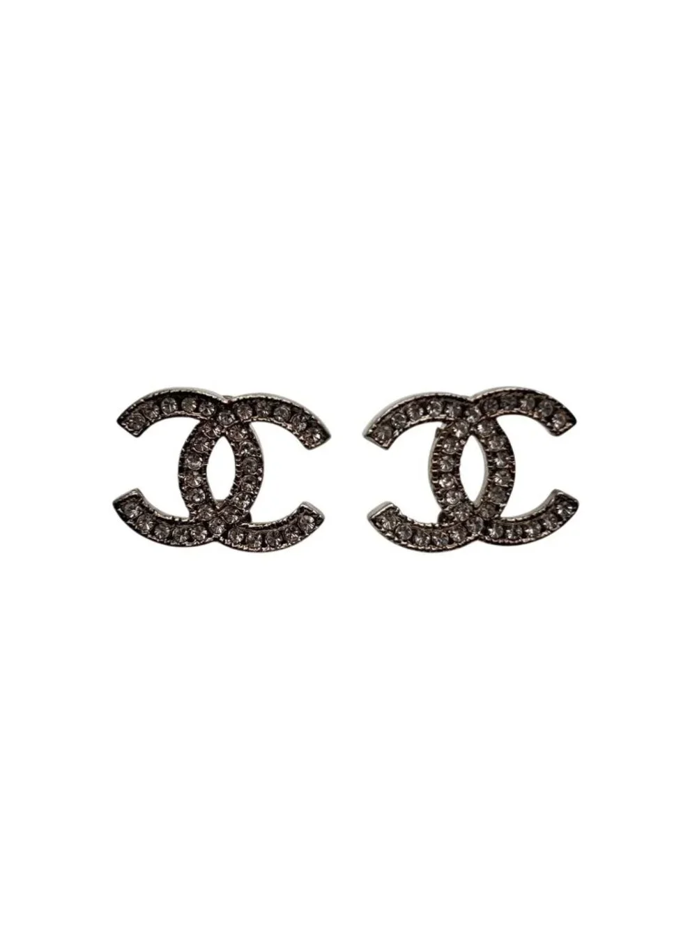 Chanel CC Logo Silver Rhinestone Earrings